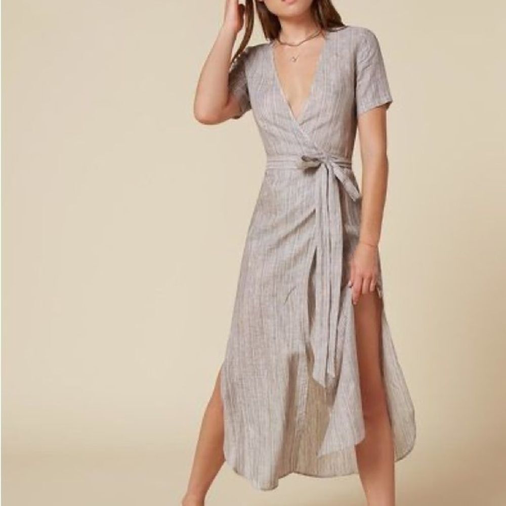 Reformation Ramsey linen-like stripped wrap dress in neutral gray size large